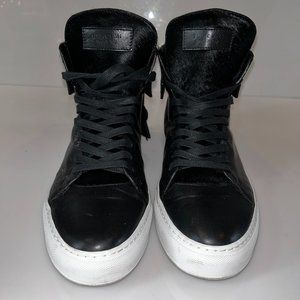 BUSCEMI MENS HI TOP SNEAKERS, SIZE 12 US, BLACK LEATHER/ PONY HAIR/WHITE SOLE